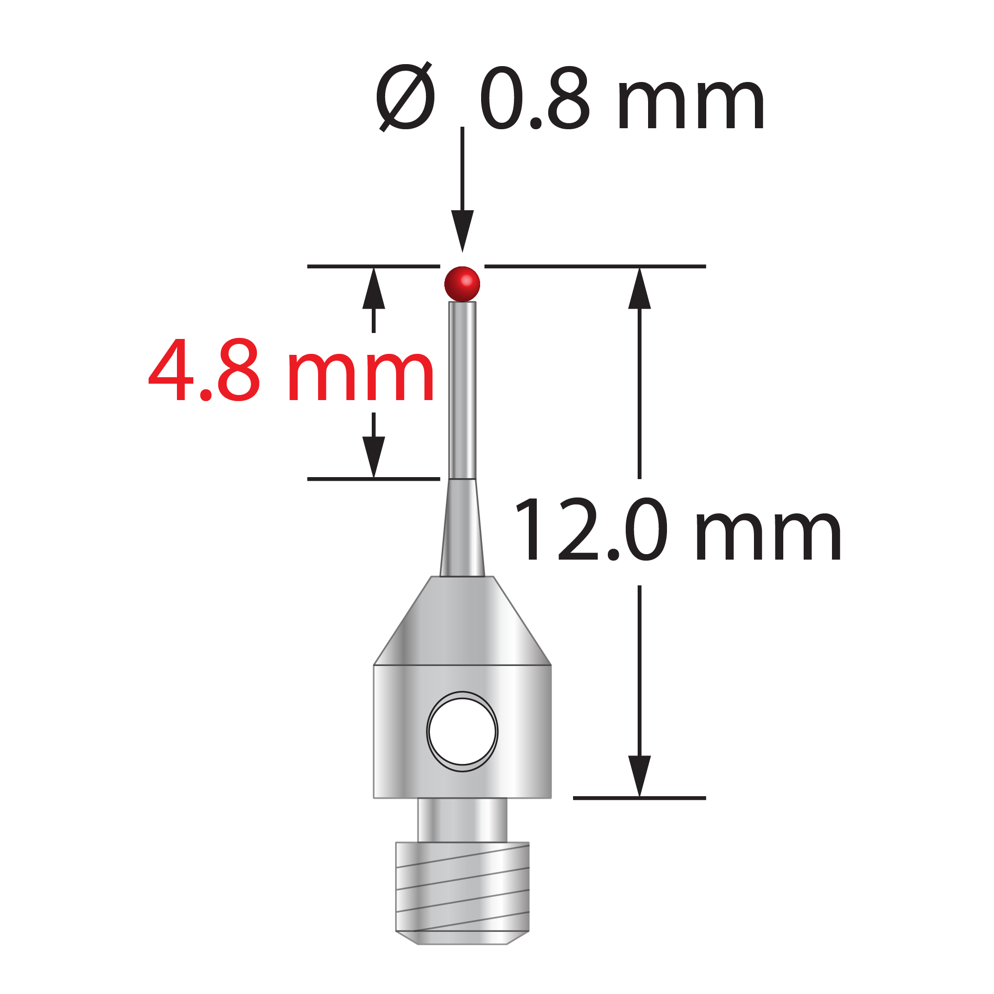 M3 stylus with 0.8 mm diameter ruby ball, tapered carbide stem, and 4.0 mm diameter x 5.0 mm long stainless steel base. Minor stem diameter is 0.6 mm; major diameter is 1.0 mm. Overall stylus length is 12.0 mm. Stylus weight is 0.53 gram.