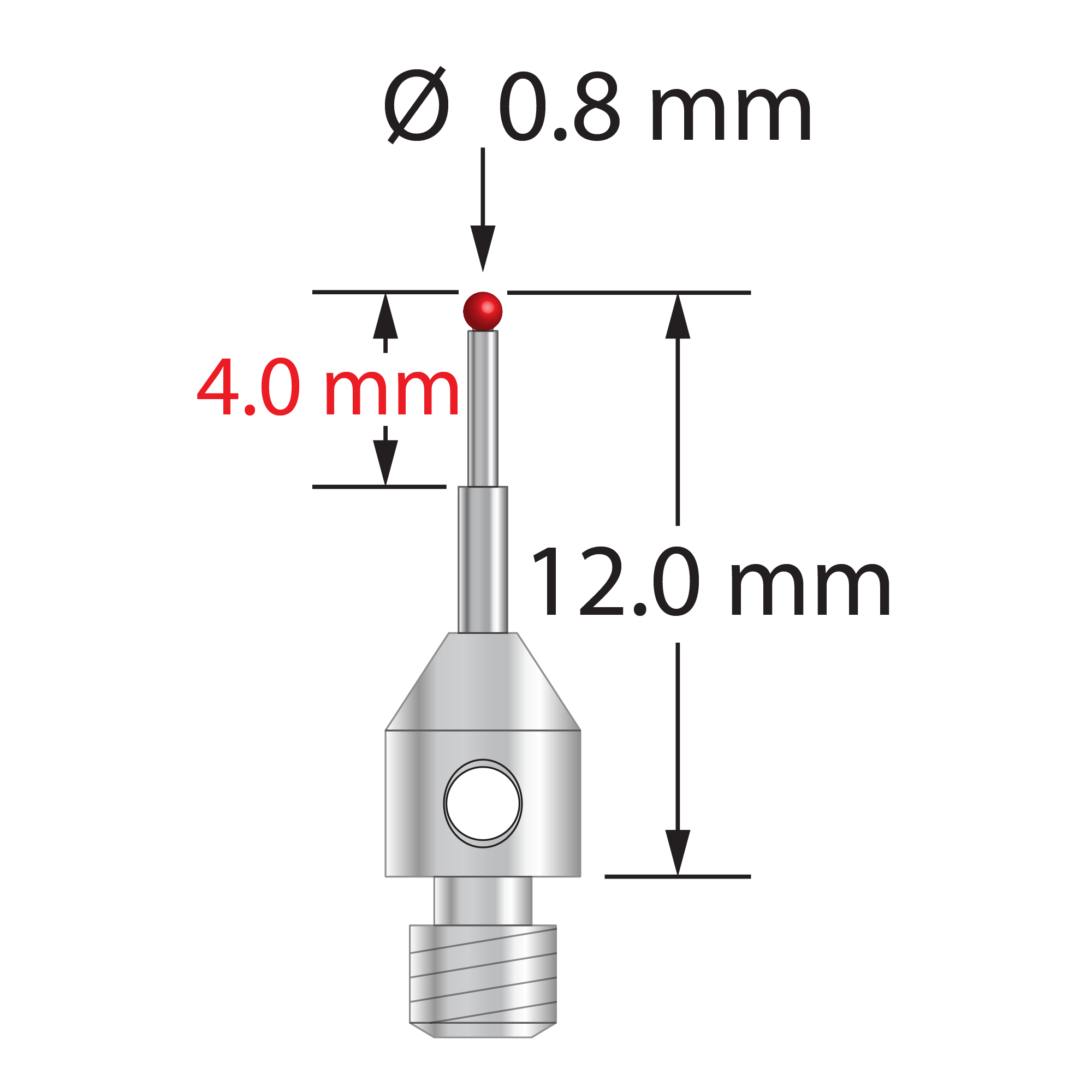 M3 stylus with 0.8 mm diameter ruby ball, stepped carbide stem, and 4.0 mm diameter x 5.0 mm long stainless steel base. Minor stem diameter is 0.6 mm; major diameter is 1.0 mm. Overall stylus length is 12.0 mm. Stylus weight is 0.53 gram.