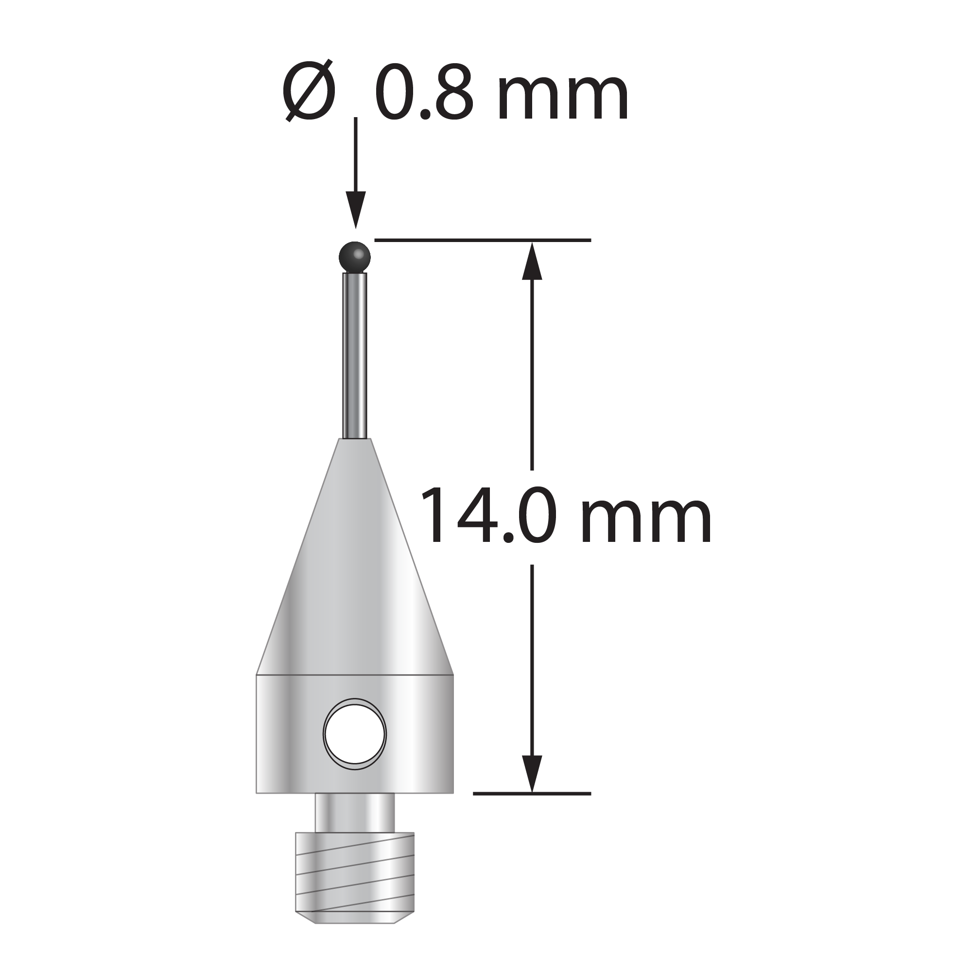 M3 XXT stylus with 0.8 mm diameter ruby ball, 0.6 mm diameter carbide stem, and 5.0 mm diameter x 9.0 mm long titanium base. &nbsp;Overall stylus length is 14.0 mm. &nbsp;Stylus weight is 0.54 gram.