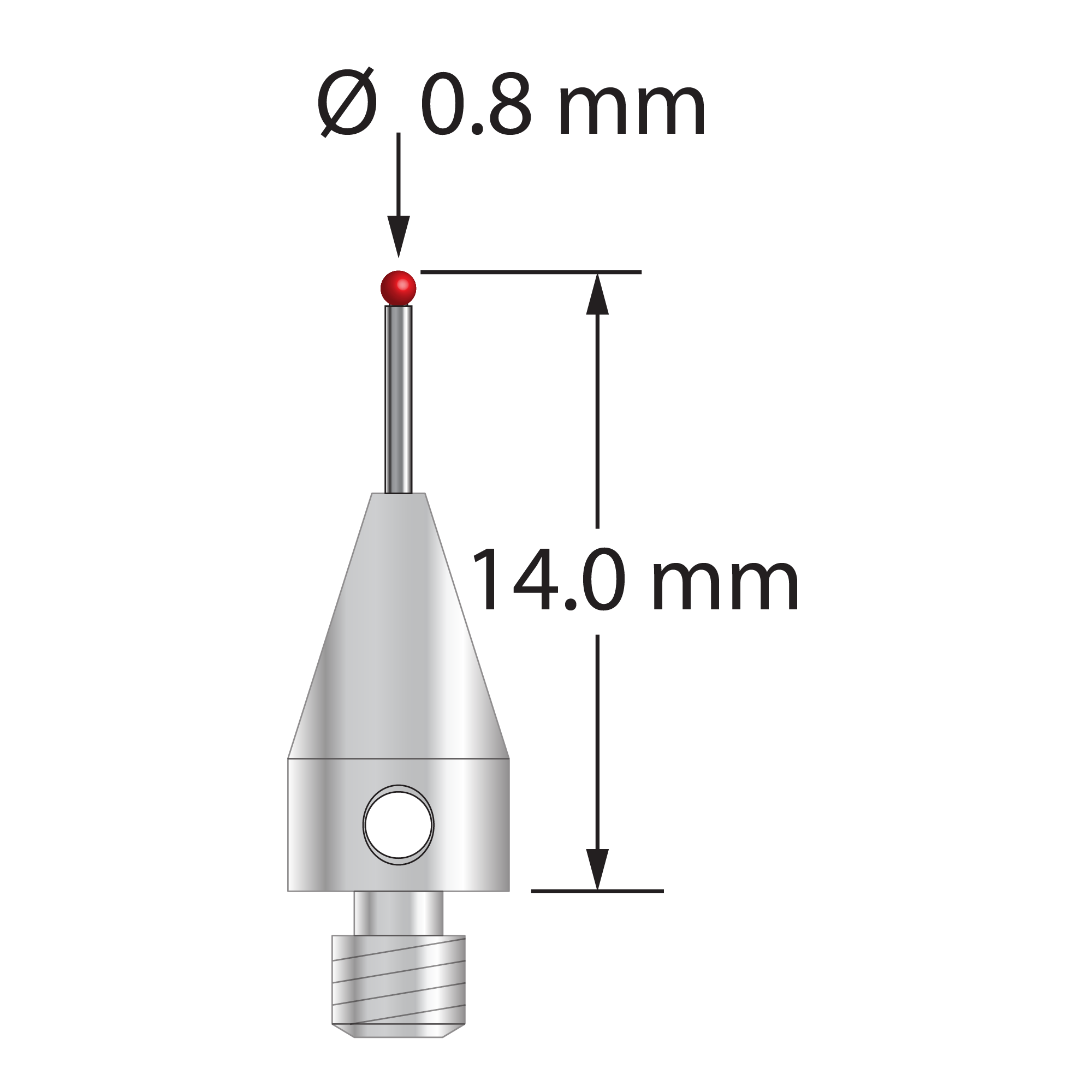 M3 XXT stylus with 0.8 mm diameter ruby ball, 0.6 mm diameter carbide stem, and 5.0 mm diameter x 9.0 mm long titanium base. Overall stylus length is 14.0 mm. Stylus weight is 0.54 gram. Compare to Zeiss 626113-0080-014 and Renishaw A-5004-3273.