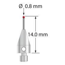 M3 XXT stylus with 0.8 mm diameter ruby ball, 0.6 mm diameter carbide stem, and 5.0 mm diameter x 9.0 mm long titanium base. Overall stylus length is 14.0 mm. Stylus weight is 0.54 gram. Compare to Zeiss 626113-0080-014 and Renishaw A-5004-3273.