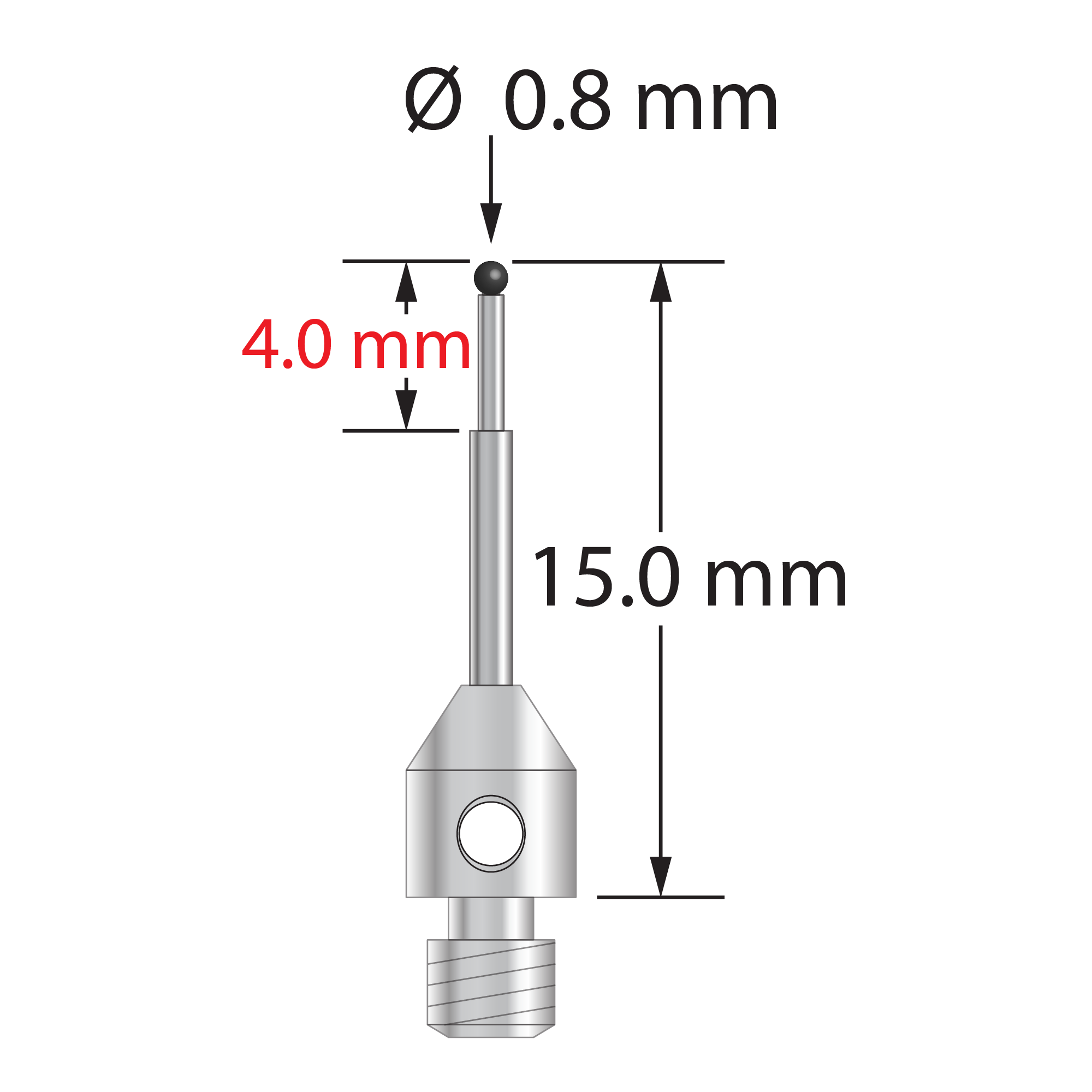 M3 stylus with 0.8 mm diameter silicon nitride ball, stepped carbide stem, and 4.0 mm diameter x 5.0 mm long stainless steel base. Minor stem diameter is 0.6 mm; major diameter is 1.0 mm. Overall stylus length is 15.0 mm. Stylus weight is 0.60 gram.