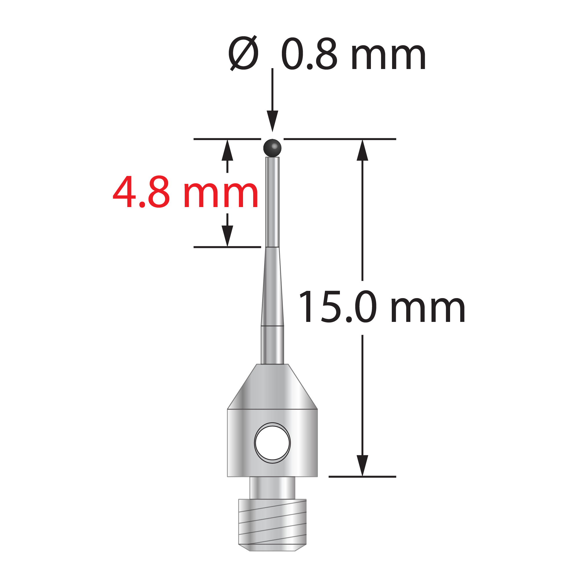 M3 stylus with 0.8 mm diameter silicon nitride ball, tapered carbide stem, and 4.0 mm diameter x 5.0 mm long stainless steel base. Minor stem diameter is 0.6 mm; major diameter is 1.0 mm. Overall stylus length is 15.0 mm. Stylus weight is 0.60 gram.