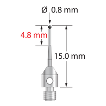 M3 stylus with 0.8 mm diameter silicon nitride ball, tapered carbide stem, and 4.0 mm diameter x 5.0 mm long stainless steel base. Minor stem diameter is 0.6 mm; major diameter is 1.0 mm. Overall stylus length is 15.0 mm. Stylus weight is 0.60 gram.
