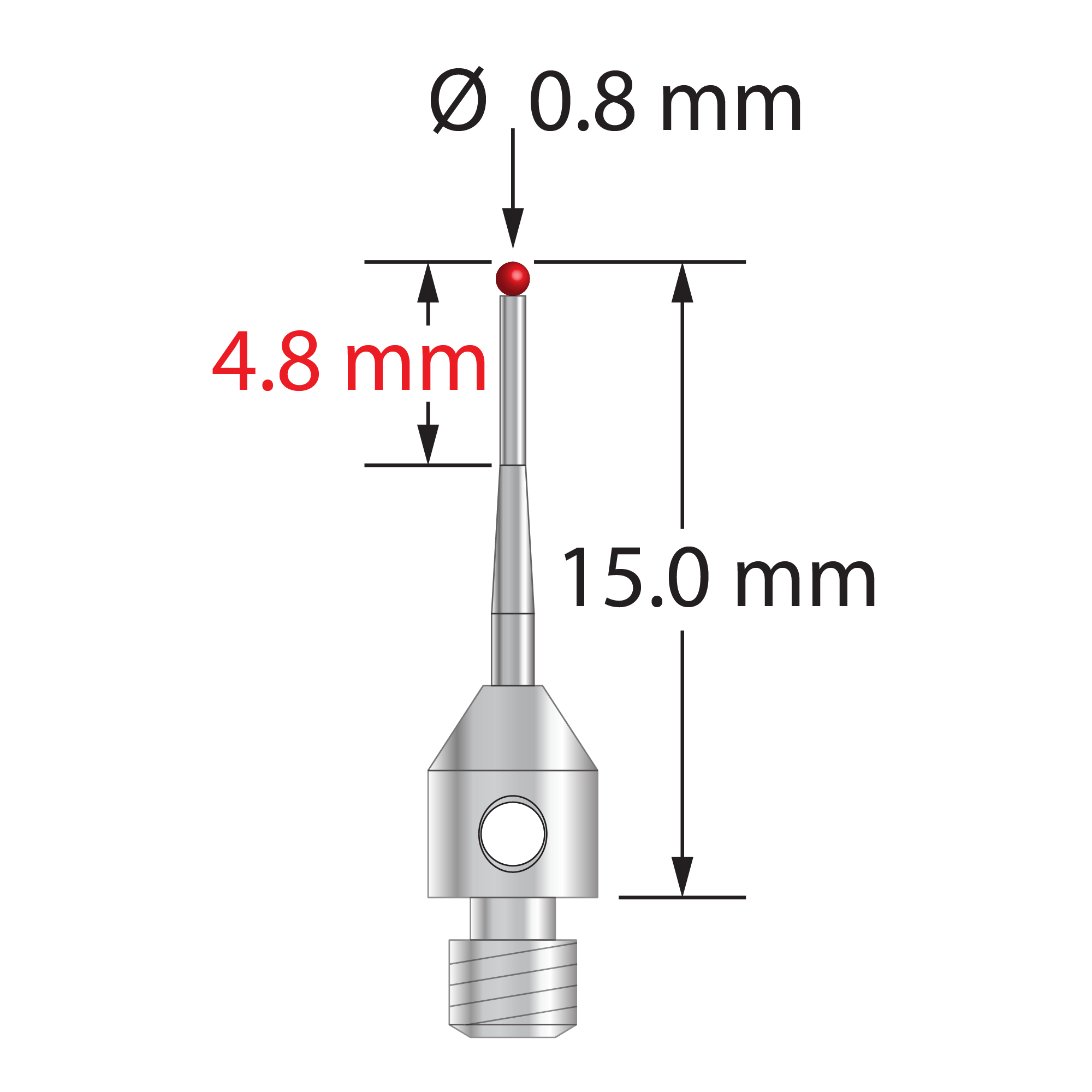 M3 stylus with 0.8 mm diameter ruby ball, tapered carbide stem, and 4.0 mm diameter x 5.0 mm long stainless steel base. Minor stem diameter is 0.6 mm; major diameter is 1.0 mm. Overall stylus length is 15.0 mm. Stylus weight is 0.60 gram.