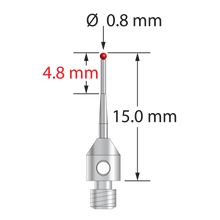 M3 stylus with 0.8 mm diameter ruby ball, tapered carbide stem, and 4.0 mm diameter x 5.0 mm long stainless steel base. Minor stem diameter is 0.6 mm; major diameter is 1.0 mm. Overall stylus length is 15.0 mm. Stylus weight is 0.60 gram.