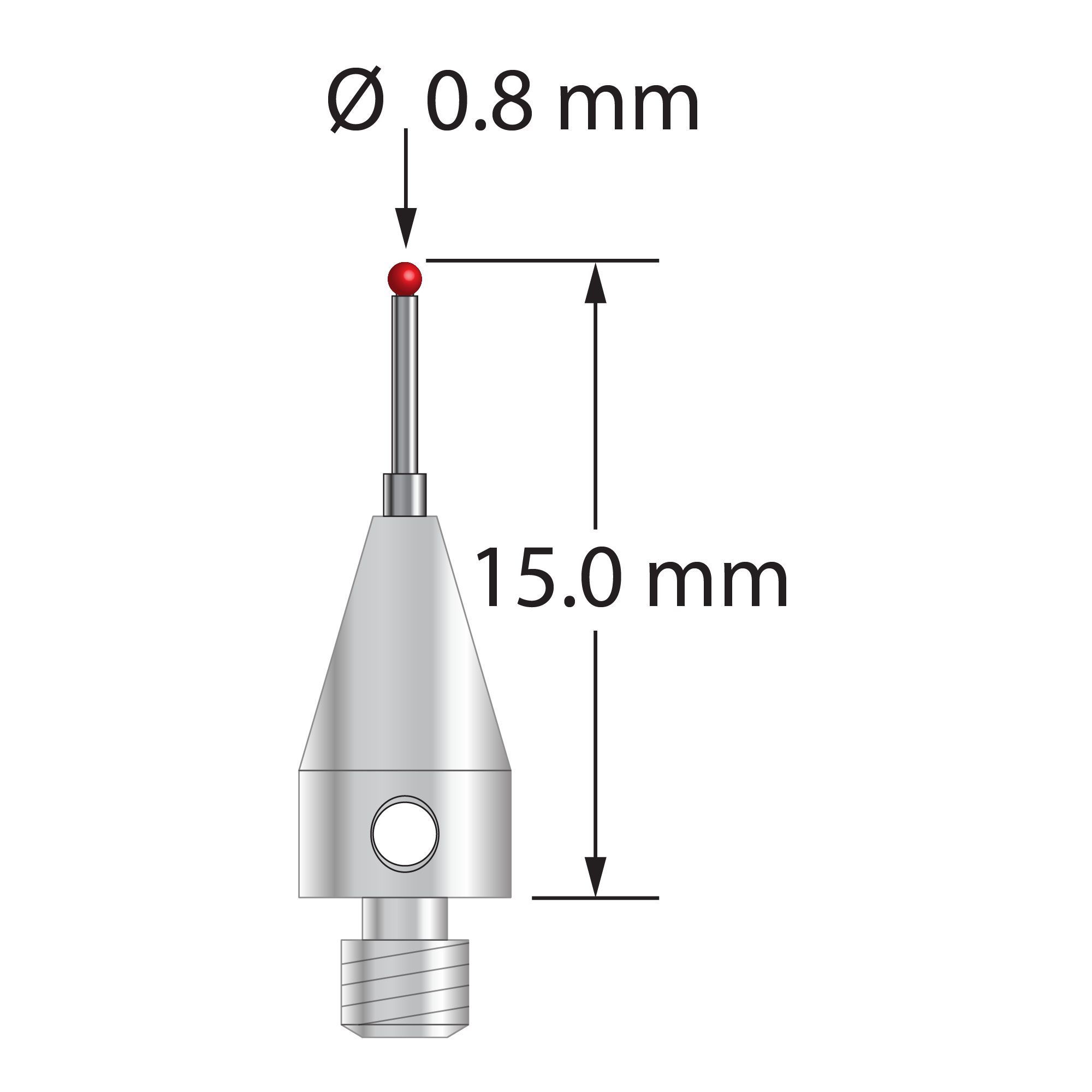 M3 XXT stylus with 0.8 mm diameter ruby ball, stepped carbide stem, and 5.0 mm diameter x 9.0 mm long titanium base. Minor stem diameter is 0.6 mm; major diameter is 1.0 mm. Overall stylus length is 15.0 mm. Stylus weight is 0.55 gram. Compare to Zeiss 626103-5644-015.