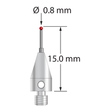 M3 XXT stylus with 0.8 mm diameter ruby ball, stepped carbide stem, and 5.0 mm diameter x 9.0 mm long titanium base. Minor stem diameter is 0.6 mm; major diameter is 1.0 mm. Overall stylus length is 15.0 mm. Stylus weight is 0.55 gram. Compare to Zeiss 626103-5644-015.