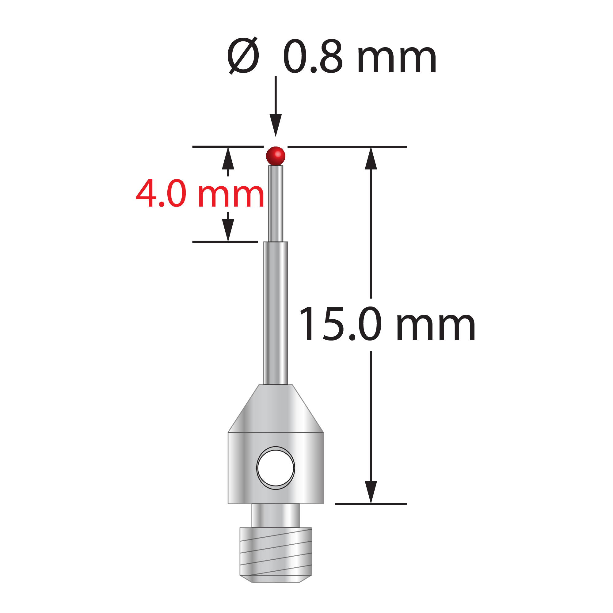 M3 stylus with 0.8 mm diameter ruby ball, stepped carbide stem, and 4.0 mm diameter x 5.0 mm long stainless steel base. Minor stem diameter is 0.6 mm; major diameter is 1.0 mm. Overall stylus length is 15.0 mm. Stylus weight is 0.60 gram.