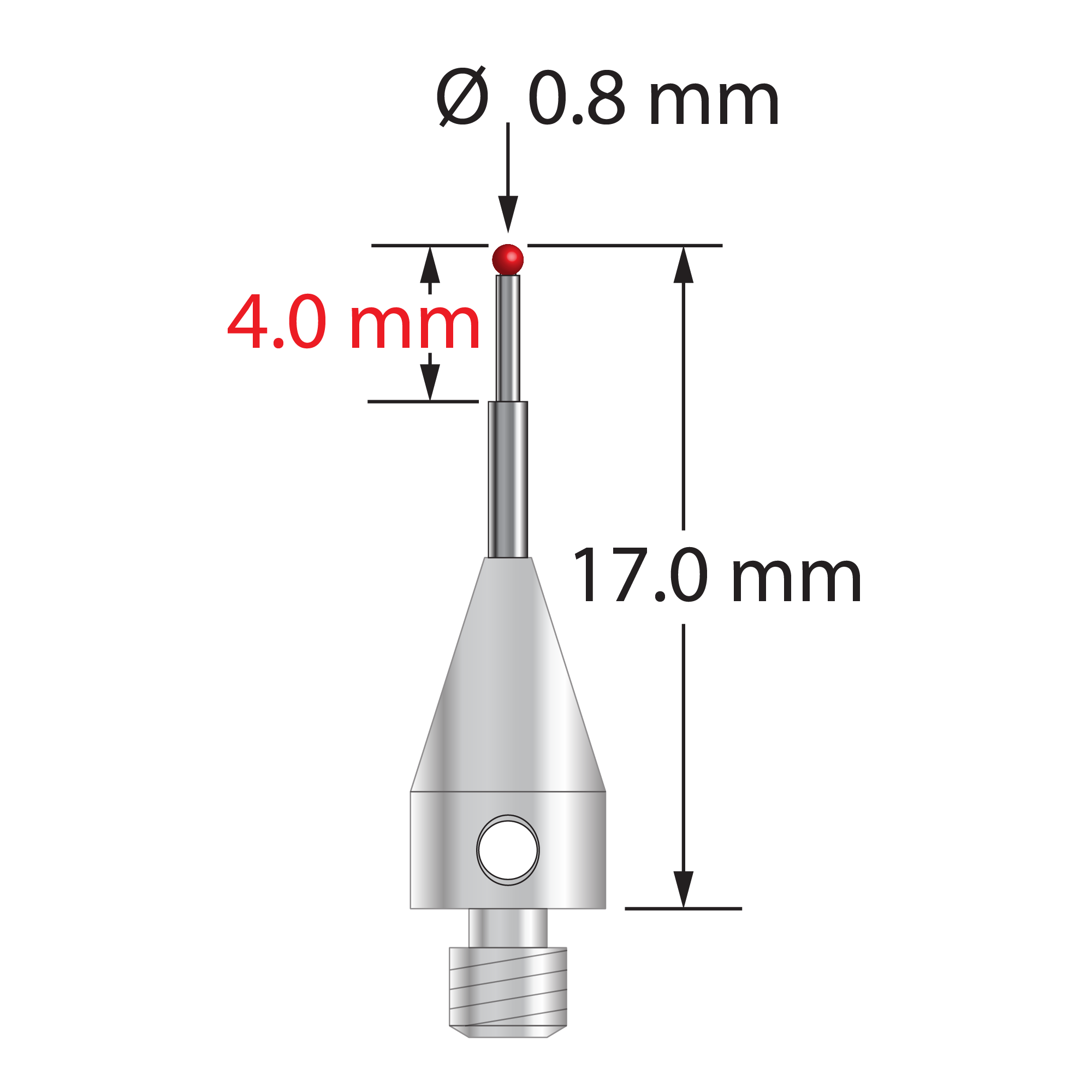 M3 stylus with 0.8 mm diameter ruby ball, stepped carbide stem, and 5.0 mm diameter x 9.0 mm long titanium base. Minor stem diameter is 0.6 mm; major diameter is 1.0 mm. Overall stylus length is 17.0 mm. Stylus weight is 0.57 gram. Compare to Zeiss 626113-0080-017.