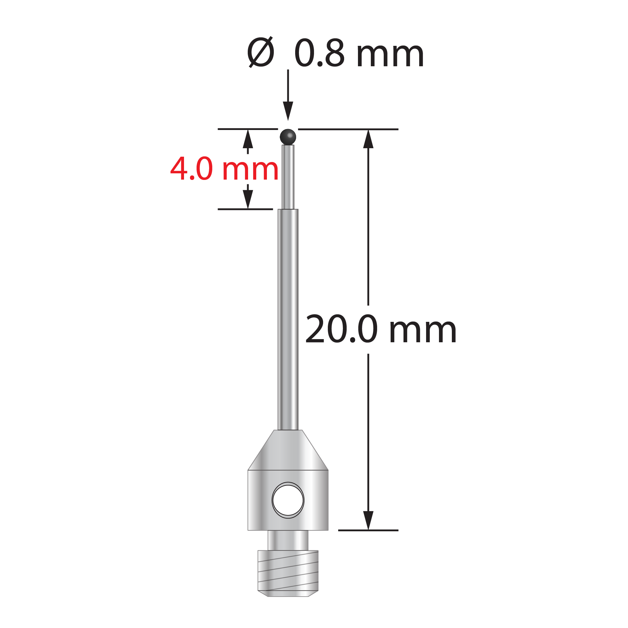 M3 stylus with 0.8 mm diameter silicon nitride ball, stepped carbide stem, and 4.0 mm diameter x 5.0 mm long stainless steel base. Minor stem diameter is 0.6 mm; major diameter is 1.0 mm. Overall stylus length is 20.0 mm. Stylus weight is 0.71 gram.