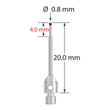 M3 stylus with 0.8 mm diameter silicon nitride ball, stepped carbide stem, and 4.0 mm diameter x 5.0 mm long stainless steel base. Minor stem diameter is 0.6 mm; major diameter is 1.0 mm. Overall stylus length is 20.0 mm. Stylus weight is 0.71 gram.