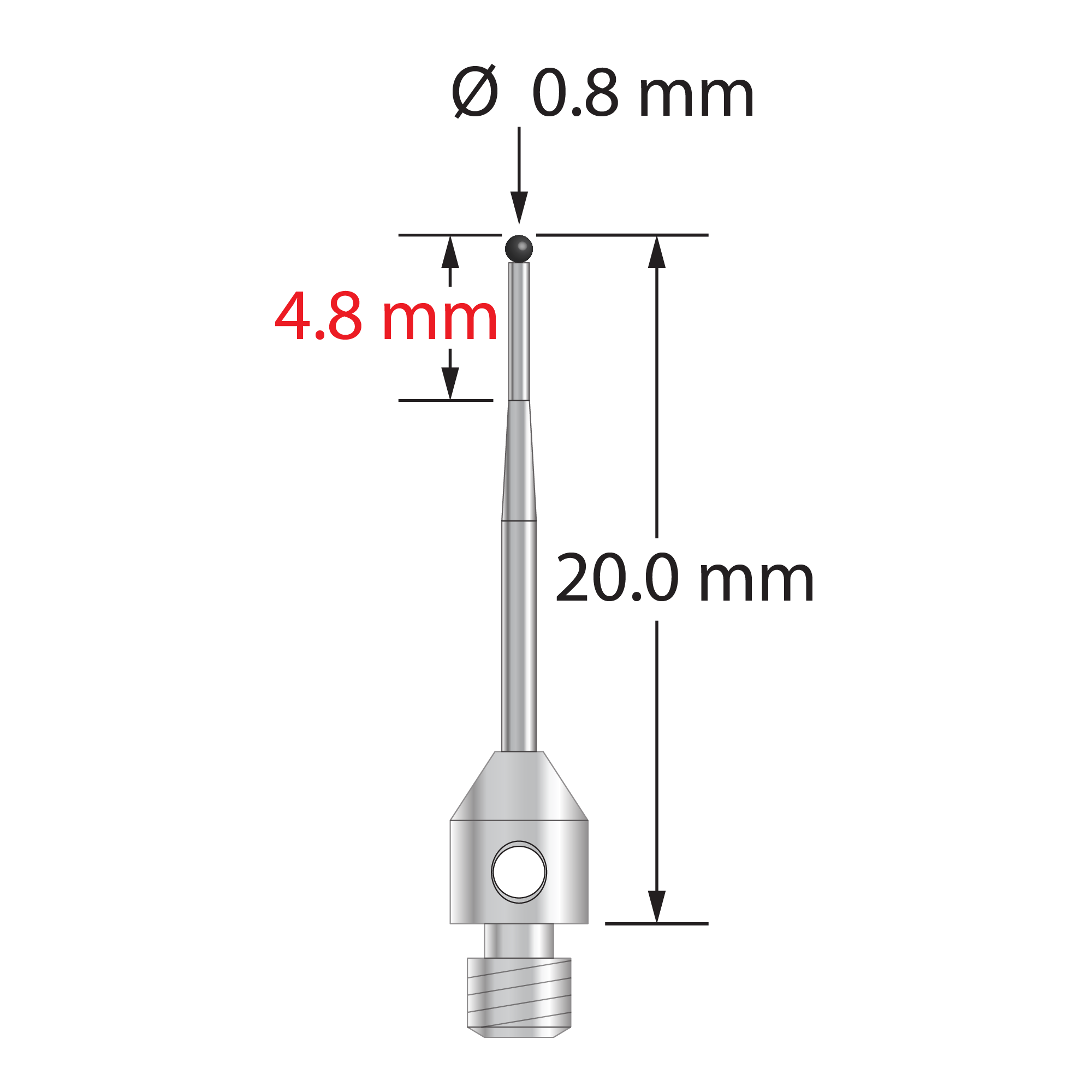 M3 stylus with 0.8 mm diameter silicon nitride ball, tapered carbide stem, and 4.0 mm diameter x 5.0 mm long stainless steel base. Minor stem diameter is 0.6 mm; major diameter is 1.0 mm. Overall stylus length is 20.0 mm. Stylus weight is 0.71 gram.