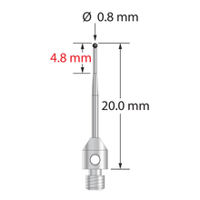 M3 stylus with 0.8 mm diameter silicon nitride ball, tapered carbide stem, and 4.0 mm diameter x 5.0 mm long stainless steel base. Minor stem diameter is 0.6 mm; major diameter is 1.0 mm. Overall stylus length is 20.0 mm. Stylus weight is 0.71 gram.