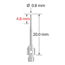 M3 stylus with 0.8 mm diameter zirconia ball, tapered carbide stem, and 4.0 mm diameter x 5.0 mm long stainless steel base. Minor stem diameter is 0.6 mm; major diameter is 1.0 mm. Overall stylus length is 20.0 mm. Stylus weight is 0.71 gram.