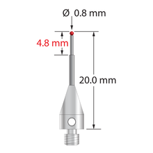 M3 XXT stylus with 0.8 mm diameter ruby ball, stepped carbide stem, and 5.0 mm diameter x 9.0 mm long titanium base. Minor stem diameter is 0.6 mm; major diameter is 1.0 mm. Overall stylus length is 20.0 mm. Stylus weight is 0.60 gram. Compare to Zeiss 626113-0080-020.