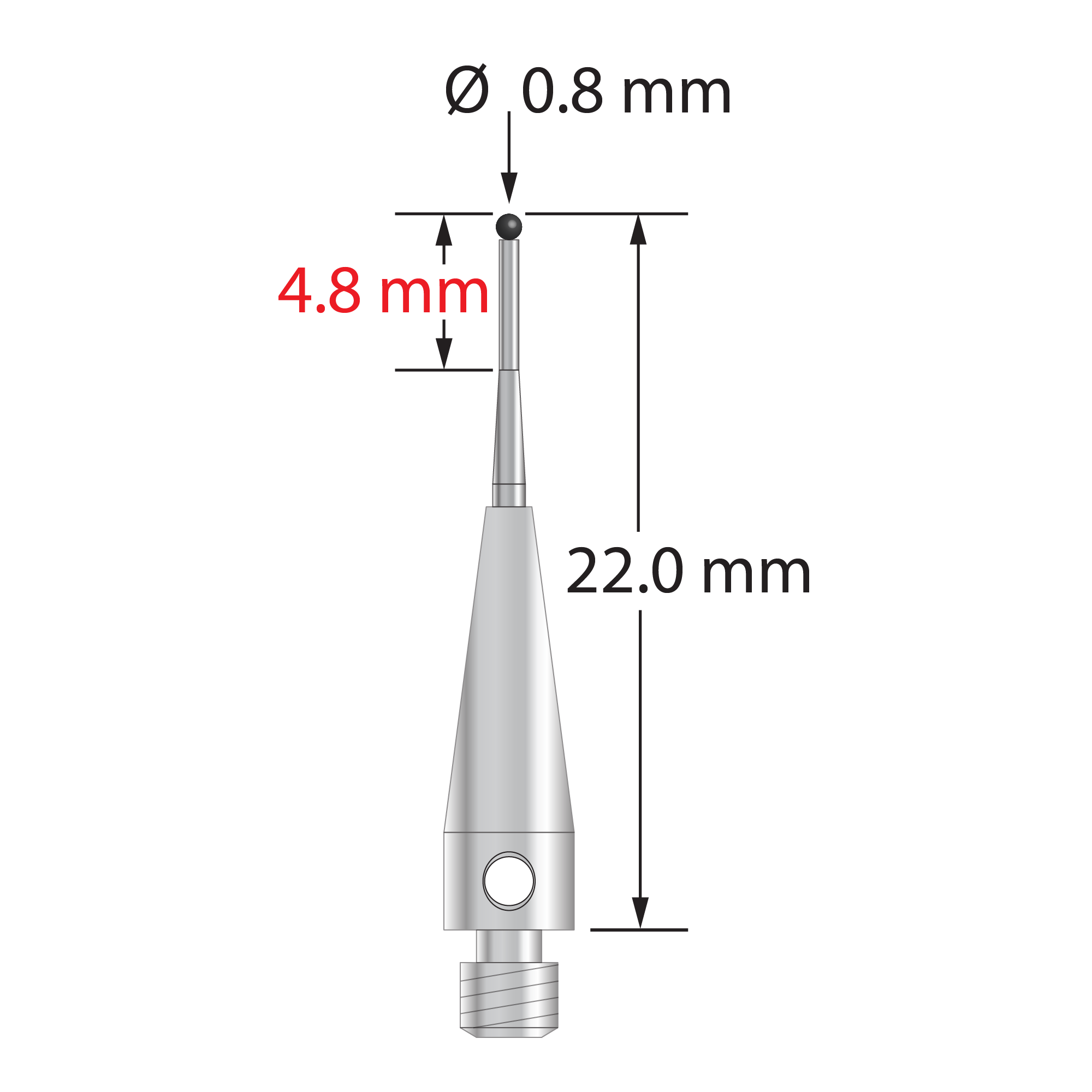 M3 stylus with 0.8 mm diameter silicon nitride ball, tapered carbide stem, and 4.0 mm diameter x 13.0 mm long stainless steel base. Minor stem diameter is 0.6 mm; major diameter is 1.0 mm. Overall stylus length is 22.0 mm. Stylus weight is 0.91 gram.
