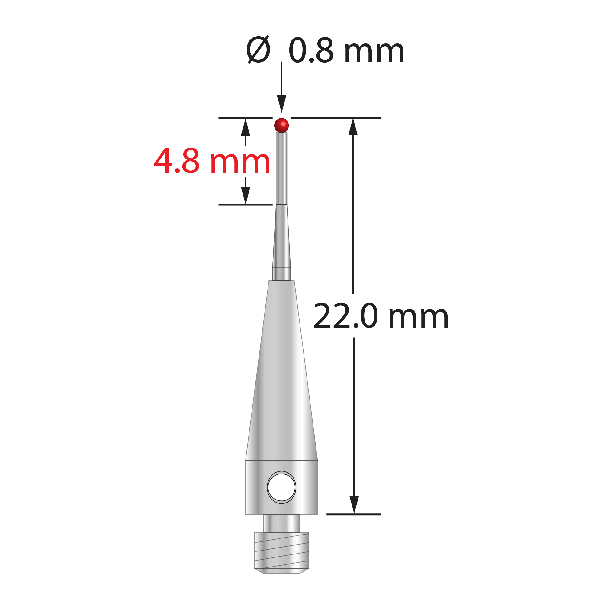 M3 stylus with 0.8 mm diameter ruby ball, tapered carbide stem, and 4.0 mm diameter x 13.0 mm long stainless steel base. Minor stem diameter is 0.6 mm; major diameter is 1.0 mm. Overall stylus length is 22.0 mm. Stylus weight is 0.91 gram. Compare to Zeiss 602030-8117-000, Mitutoyo K651103, and Renishaw A-5555-0269.