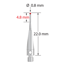 M3 stylus with 0.8 mm diameter ruby ball, tapered carbide stem, and 4.0 mm diameter x 13.0 mm long stainless steel base. Minor stem diameter is 0.6 mm; major diameter is 1.0 mm. Overall stylus length is 22.0 mm. Stylus weight is 0.91 gram. Compare to Zeiss 602030-8117-000, Mitutoyo K651103, and Renishaw A-5555-0269.