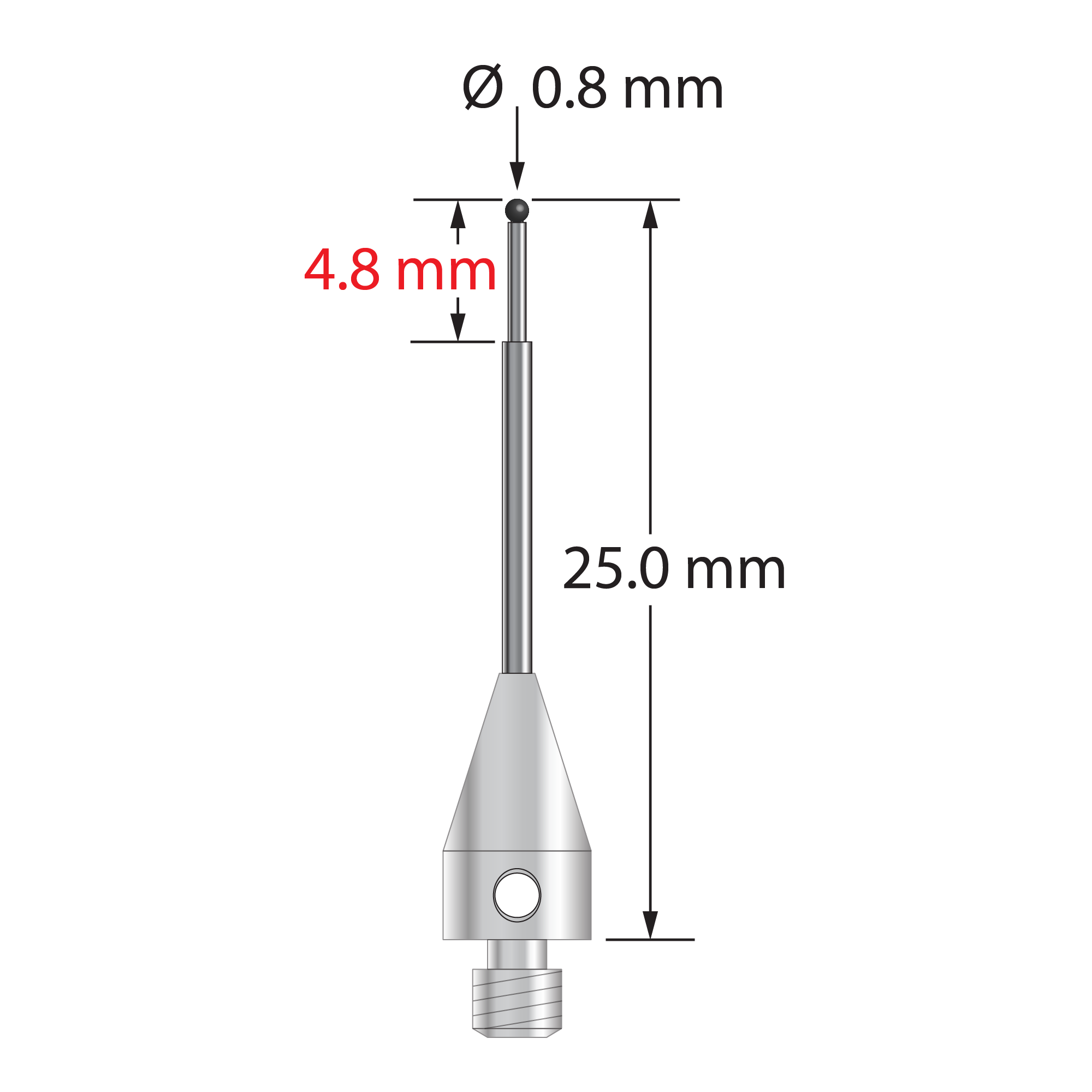 M3 XXT stylus with 0.8 mm diameter silicon nitride ball, stepped carbide stem, and 5.0 mm diameter x 9.0 mm long titanium base. Minor stem diameter is 0.6 mm; major diameter is 1.0 mm. Overall stylus length is 25.0 mm. Stylus weight is 0.65 gram.