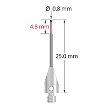 M3 XXT stylus with 0.8 mm diameter silicon nitride ball, stepped carbide stem, and 5.0 mm diameter x 9.0 mm long titanium base. Minor stem diameter is 0.6 mm; major diameter is 1.0 mm. Overall stylus length is 25.0 mm. Stylus weight is 0.65 gram.