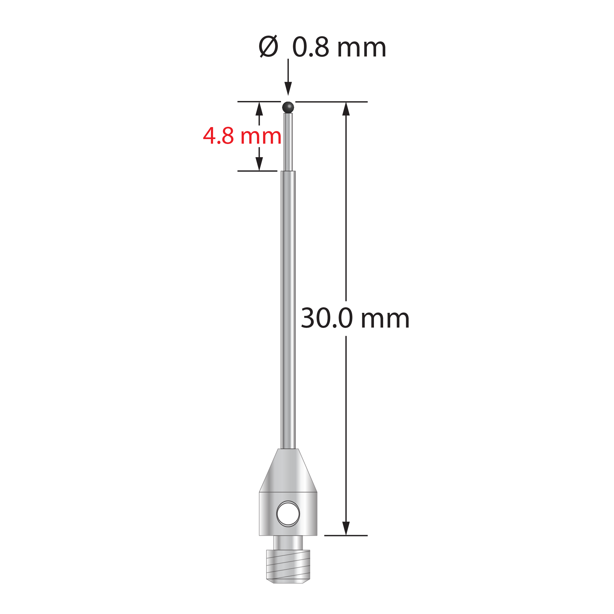 M3 stylus with 0.8 mm diameter silicon nitride ball, tapered carbide stem, and 4.0 mm diameter x 6.0 mm long stainless steel base. Minor stem diameter is 0.6 mm; major diameter is 1.0 mm. Overall stylus length is 30.0 mm. Stylus weight is 0.84 gram. Compare to Zeiss 626123-5645-030.
