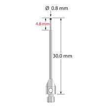M3 stylus with 0.8 mm diameter silicon nitride ball, tapered carbide stem, and 4.0 mm diameter x 6.0 mm long stainless steel base. Minor stem diameter is 0.6 mm; major diameter is 1.0 mm. Overall stylus length is 30.0 mm. Stylus weight is 0.84 gram. Compare to Zeiss 626123-5645-030.