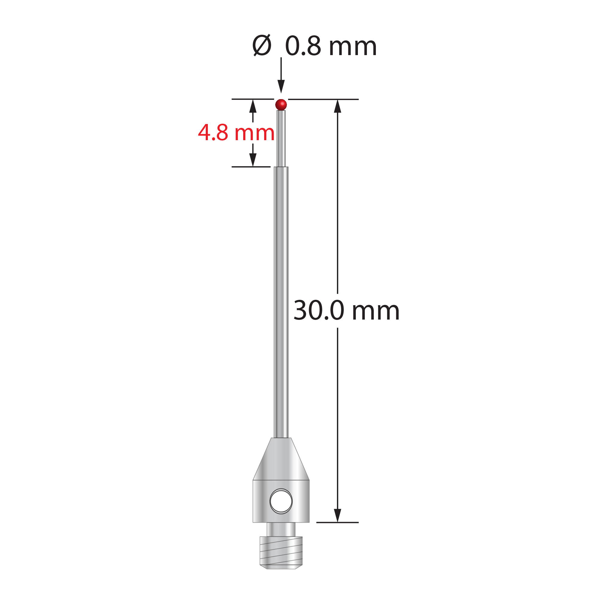 M3 stylus with 0.8 mm diameter ruby ball, tapered carbide stem, and 4.0 mm diameter x 6.0 mm long stainless steel base. Minor stem diameter is 0.6 mm; major diameter is 1.0 mm. Overall stylus length is 30.0 mm. Stylus weight is 0.84 gram. Compare to Zeiss 626123-5644-030.
