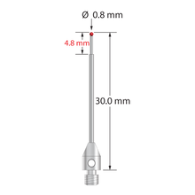 M3 stylus with 0.8 mm diameter ruby ball, tapered carbide stem, and 4.0 mm diameter x 6.0 mm long stainless steel base. Minor stem diameter is 0.6 mm; major diameter is 1.0 mm. Overall stylus length is 30.0 mm. Stylus weight is 0.84 gram. Compare to Zeiss 626123-5644-030.