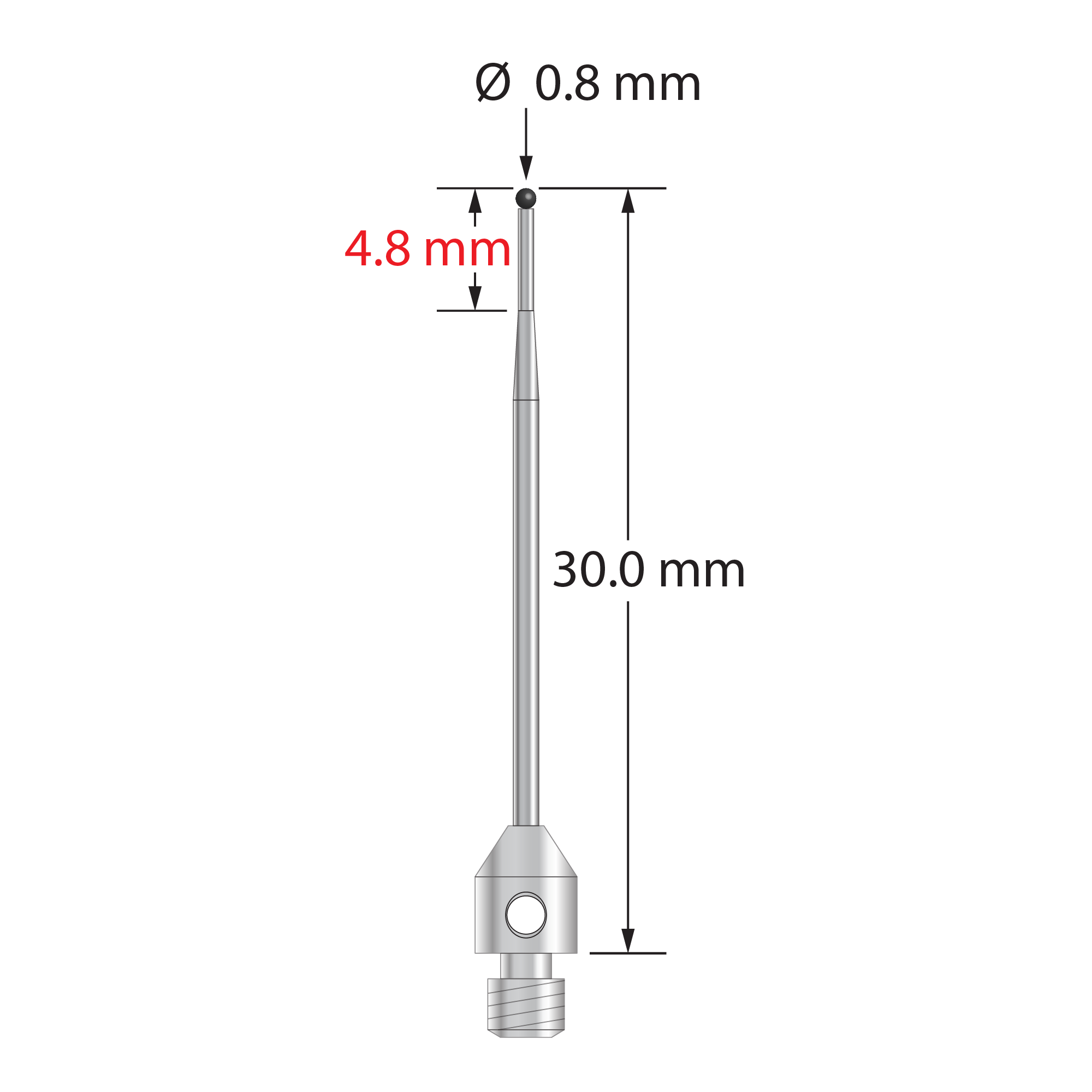 M3 stylus with 0.8 mm diameter silicon nitride ball, tapered carbide stem, and 4.0 mm diameter x 8.0 mm long stainless steel base. Minor stem diameter is 0.6 mm; major diameter is 1.0 mm. Overall stylus length is 30.0 mm. Stylus weight is 0.84 gram.