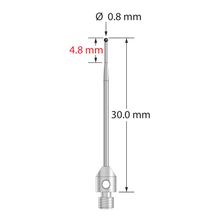 M3 stylus with 0.8 mm diameter silicon nitride ball, tapered carbide stem, and 4.0 mm diameter x 8.0 mm long stainless steel base. Minor stem diameter is 0.6 mm; major diameter is 1.0 mm. Overall stylus length is 30.0 mm. Stylus weight is 0.84 gram.