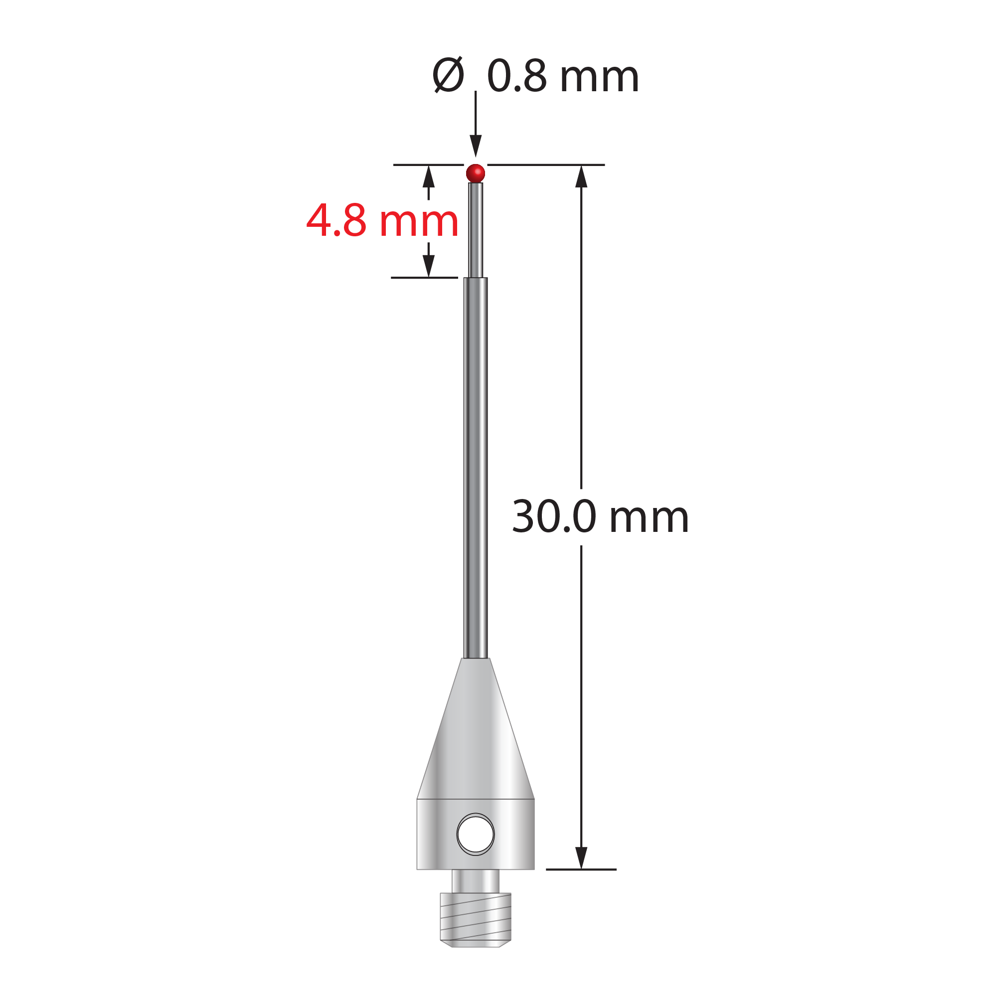 M3 XXT stylus with 0.8 mm diameter ruby ball, stepped carbide stem, and 5.0 mm diameter x 9.0 mm long titanium base. Minor stem diameter is 0.6 mm; major diameter is 1.0 mm. Overall stylus length is 20.0 mm. Stylus weight is 0.70 gram. Compare to Zeiss 626103-5644-030.