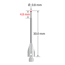 M3 XXT stylus with 0.8 mm diameter ruby ball, stepped carbide stem, and 5.0 mm diameter x 9.0 mm long titanium base. Minor stem diameter is 0.6 mm; major diameter is 1.0 mm. Overall stylus length is 20.0 mm. Stylus weight is 0.70 gram. Compare to Zeiss 626103-5644-030.