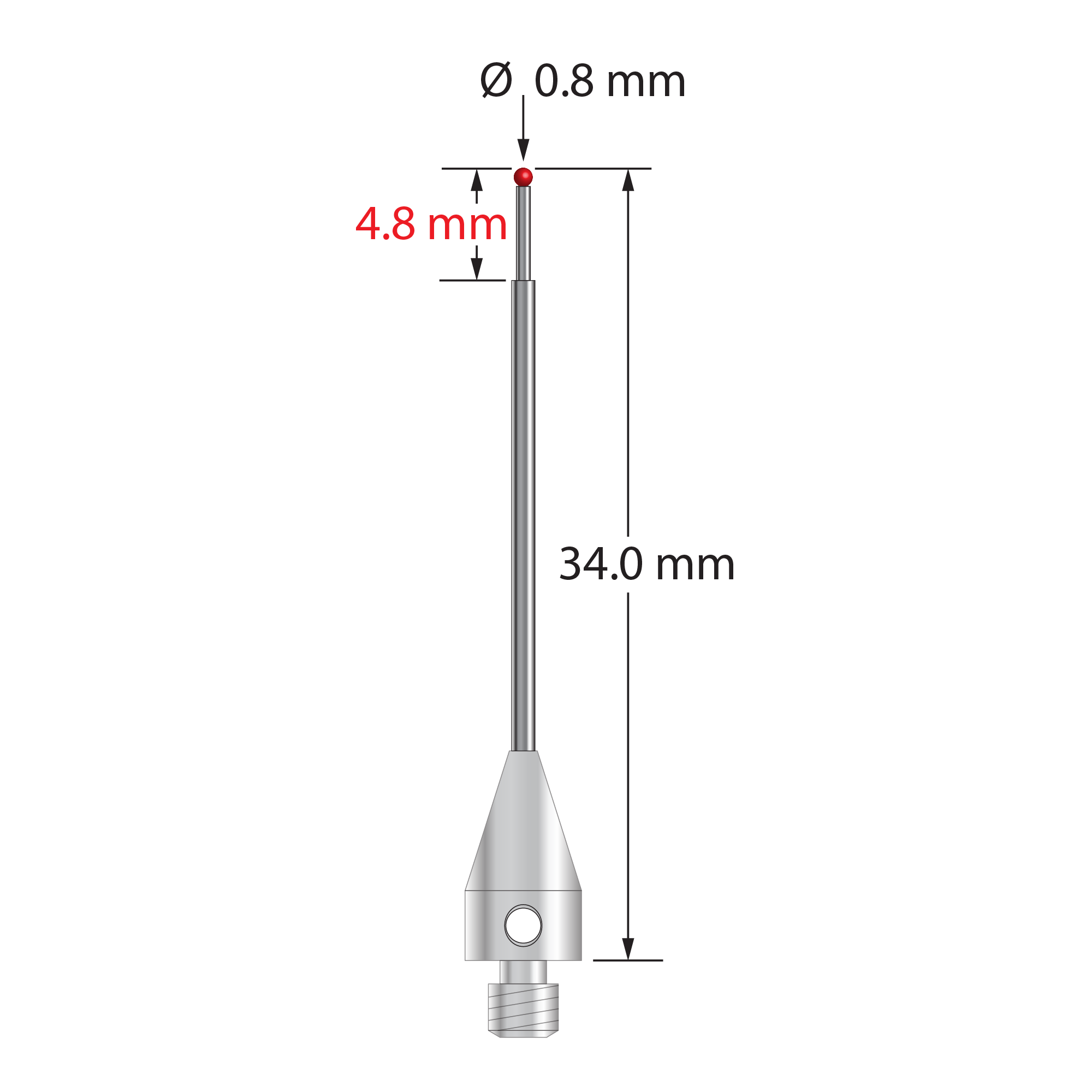 M3 XXT stylus with 0.8 mm diameter ruby ball, stepped carbide stem, and 5.0 mm diameter x 9.0 mm long titanium base. Minor stem diameter is 0.6 mm; major diameter is 1.0 mm. Overall stylus length is 34.0 mm. Stylus weight is 0.74 gram. Compare to Zeiss 626113-0080-034.