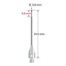 M3 XXT stylus with 0.8 mm diameter ruby ball, stepped carbide stem, and 5.0 mm diameter x 9.0 mm long titanium base. Minor stem diameter is 0.6 mm; major diameter is 1.0 mm. Overall stylus length is 34.0 mm. Stylus weight is 0.74 gram. Compare to Zeiss 626113-0080-034.