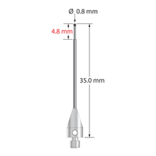M3 XXT stylus with 0.8 mm diameter silicon nitride ball, stepped carbide stem, and 5.0 mm diameter x 9.0 mm long titanium base. Minor stem diameter is 0.6 mm; major diameter is 1.0 mm. Overall stylus length is 35.0 mm. Stylus weight is 0.75 gram.