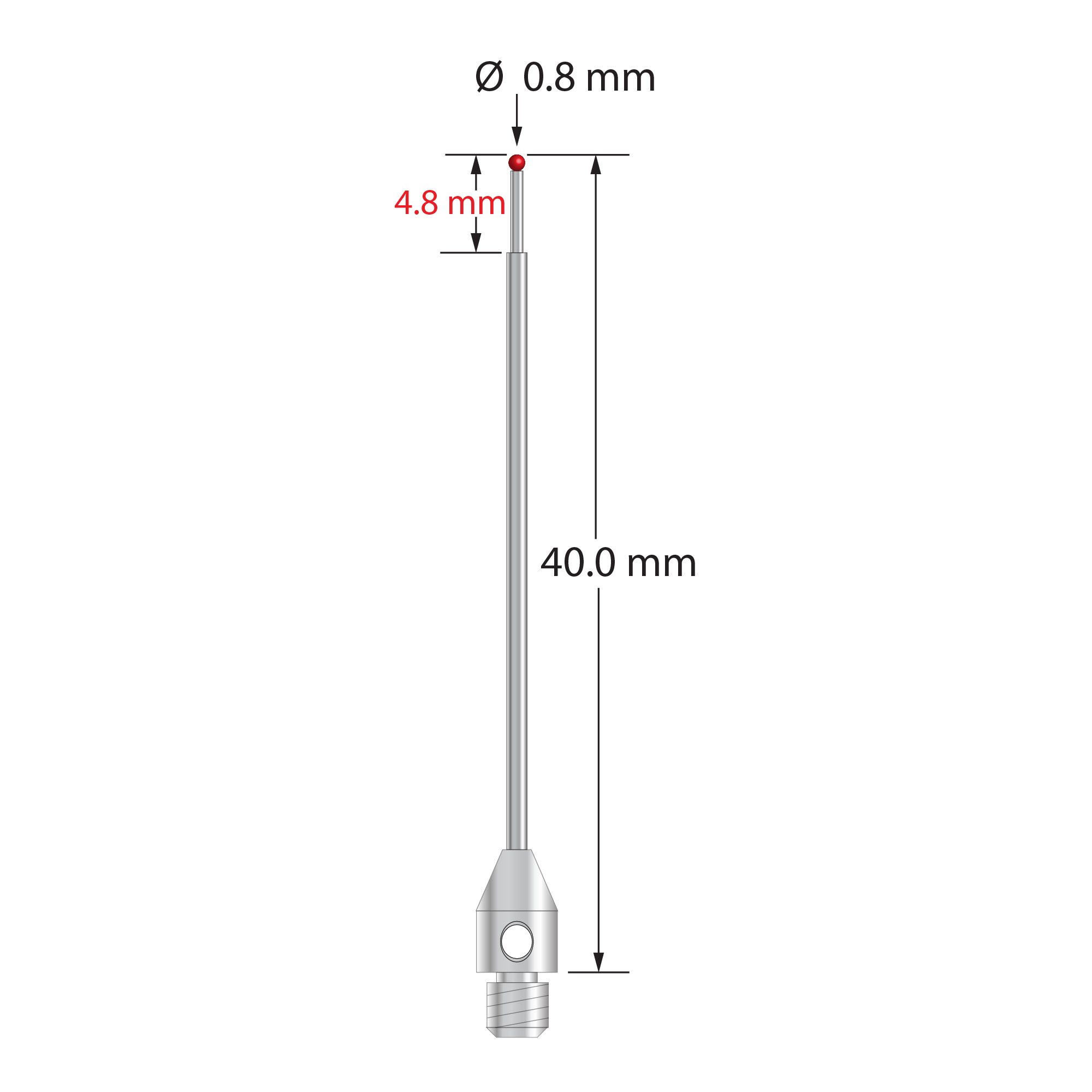 M3 stylus with 0.8 mm diameter ruby ball, stepped carbide stem, and 4.0 mm diameter x 6.0 mm long stainless steel base. Minor stem diameter is 0.6 mm; major diameter is 1.0 mm. Overall stylus length is 40.0 mm. Stylus weight is 0.94 gram.