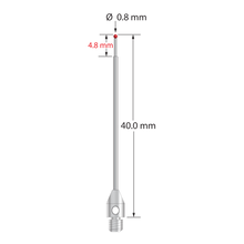 M3 stylus with 0.8 mm diameter ruby ball, stepped carbide stem, and 4.0 mm diameter x 6.0 mm long stainless steel base. Minor stem diameter is 0.6 mm; major diameter is 1.0 mm. Overall stylus length is 40.0 mm. Stylus weight is 0.94 gram.