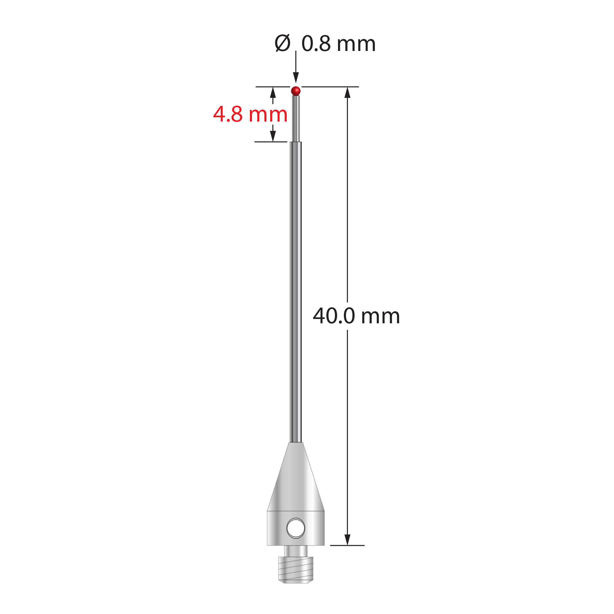 M3 XXT stylus with 0.8 mm diameter ruby ball, stepped carbide stem, and 5.0 mm diameter x 9.0 mm long titanium base. Minor stem diameter is 0.6 mm; major diameter is 1.0 mm. Overall stylus length is 40.0 mm. Stylus weight is 0.80 gram.