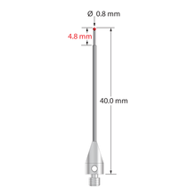 M3 XXT stylus with 0.8 mm diameter ruby ball, stepped carbide stem, and 5.0 mm diameter x 9.0 mm long titanium base. Minor stem diameter is 0.6 mm; major diameter is 1.0 mm. Overall stylus length is 40.0 mm. Stylus weight is 0.80 gram.