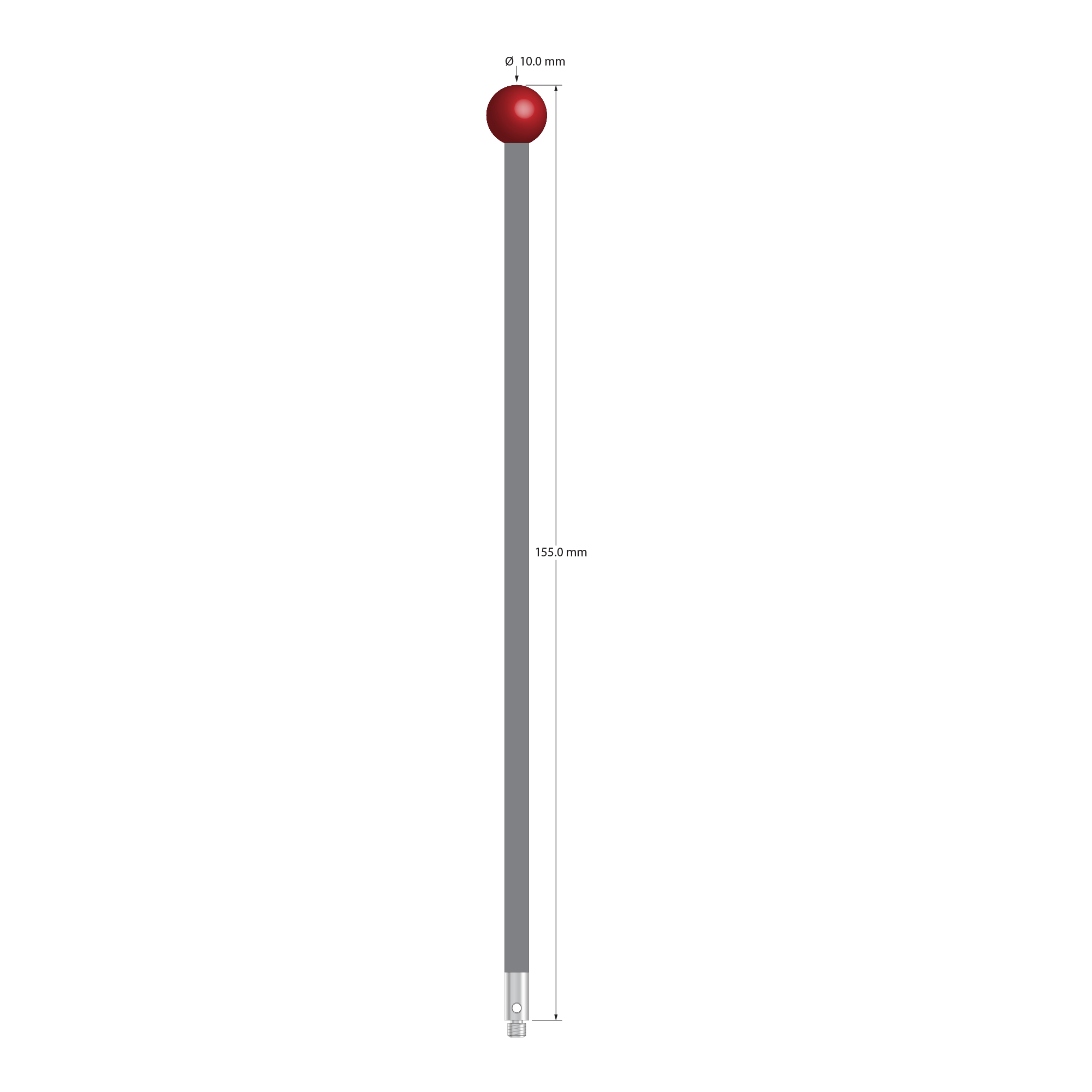 M3 stylus with 10.0 mm diameter ruby ball, 4.0 mm diameter carbon fiber stem, and 4.0 mm diameter x 8.0 mm long stainless steel base. Overall stylus length is 155.0 mm. Stylus weight is 4.87 grams. Compare to Renishaw A-5003-7055.