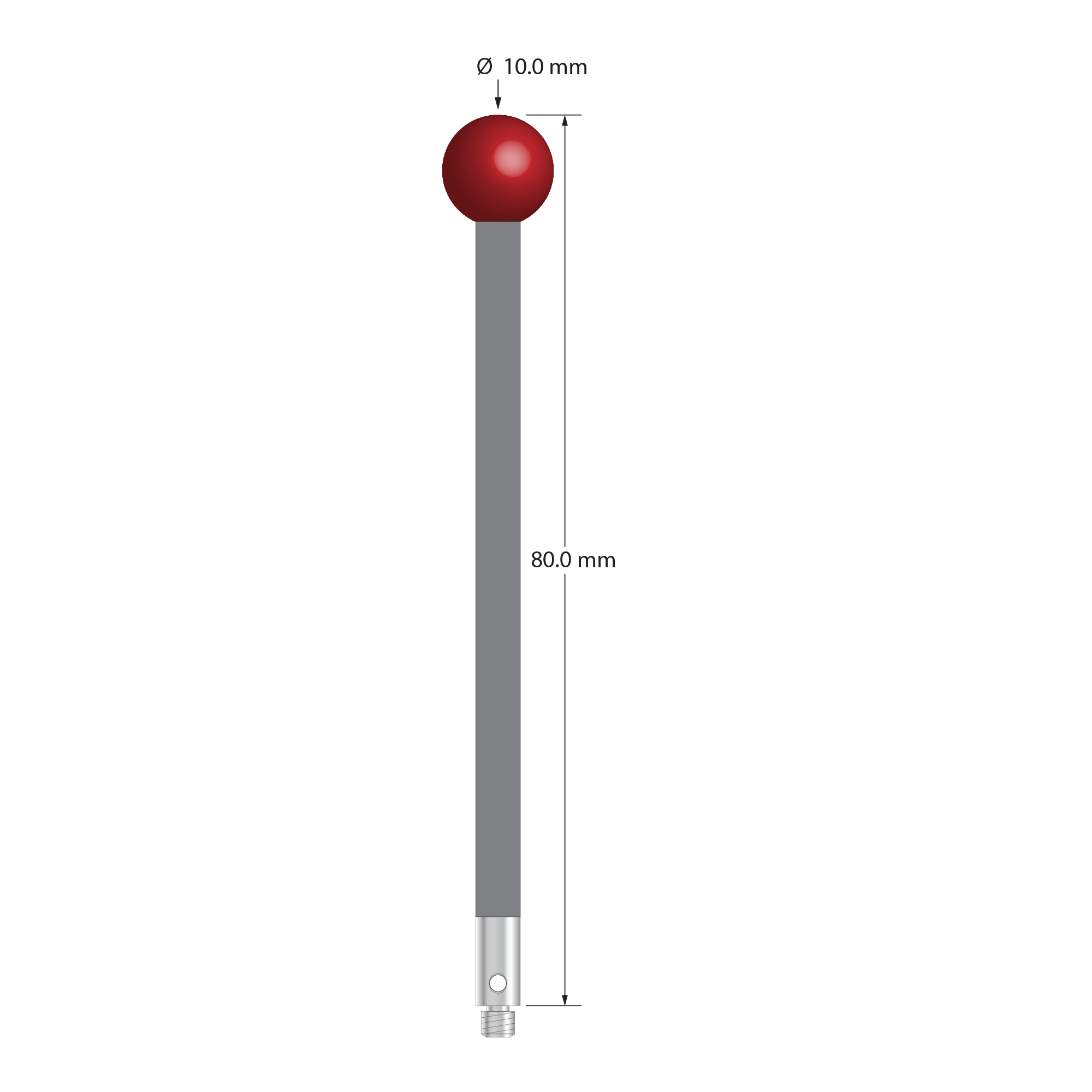 M3 stylus with 10.0 mm diameter ruby ball, 4.0 mm diameter carbon fiber stem, and 4.0 mm diameter x 8.0 mm long stainless steel base. Overall stylus length is 80.0 mm. Stylus weight is 3.43 grams. Compare to Renishaw A-5003-7057.