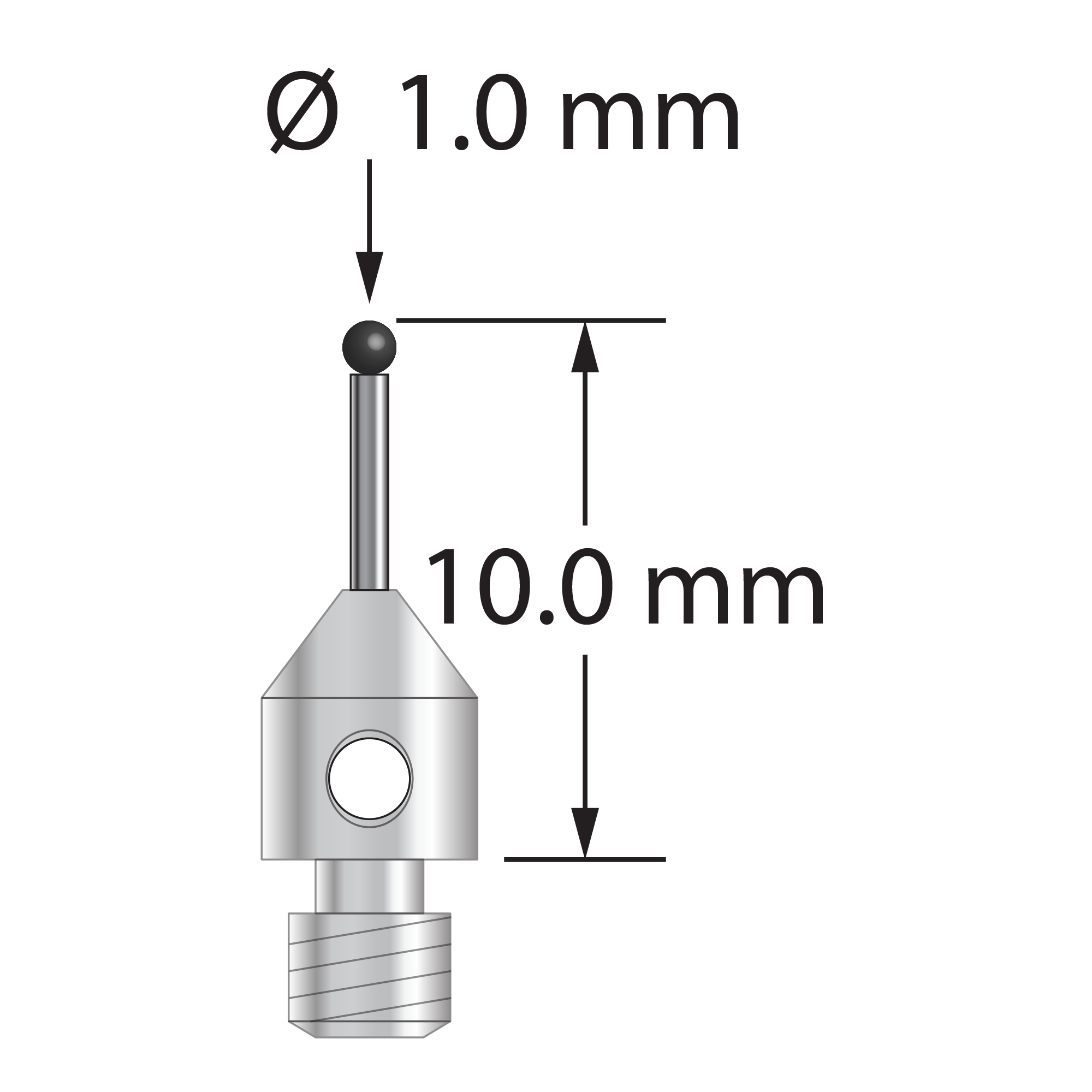 M3 stylus with 1.0 mm diameter silicon nitride ball, 0.7 mm diameter carbide stem, and 4.0 mm diameter x 5.0 mm long stainless steel base. Overall length is 10.0 mm. Stylus weight is 0.46 gram.