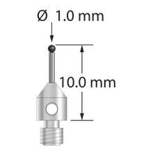 M3 stylus with 1.0 mm diameter silicon nitride ball, 0.7 mm diameter carbide stem, and 4.0 mm diameter x 5.0 mm long stainless steel base. Overall length is 10.0 mm. Stylus weight is 0.46 gram.