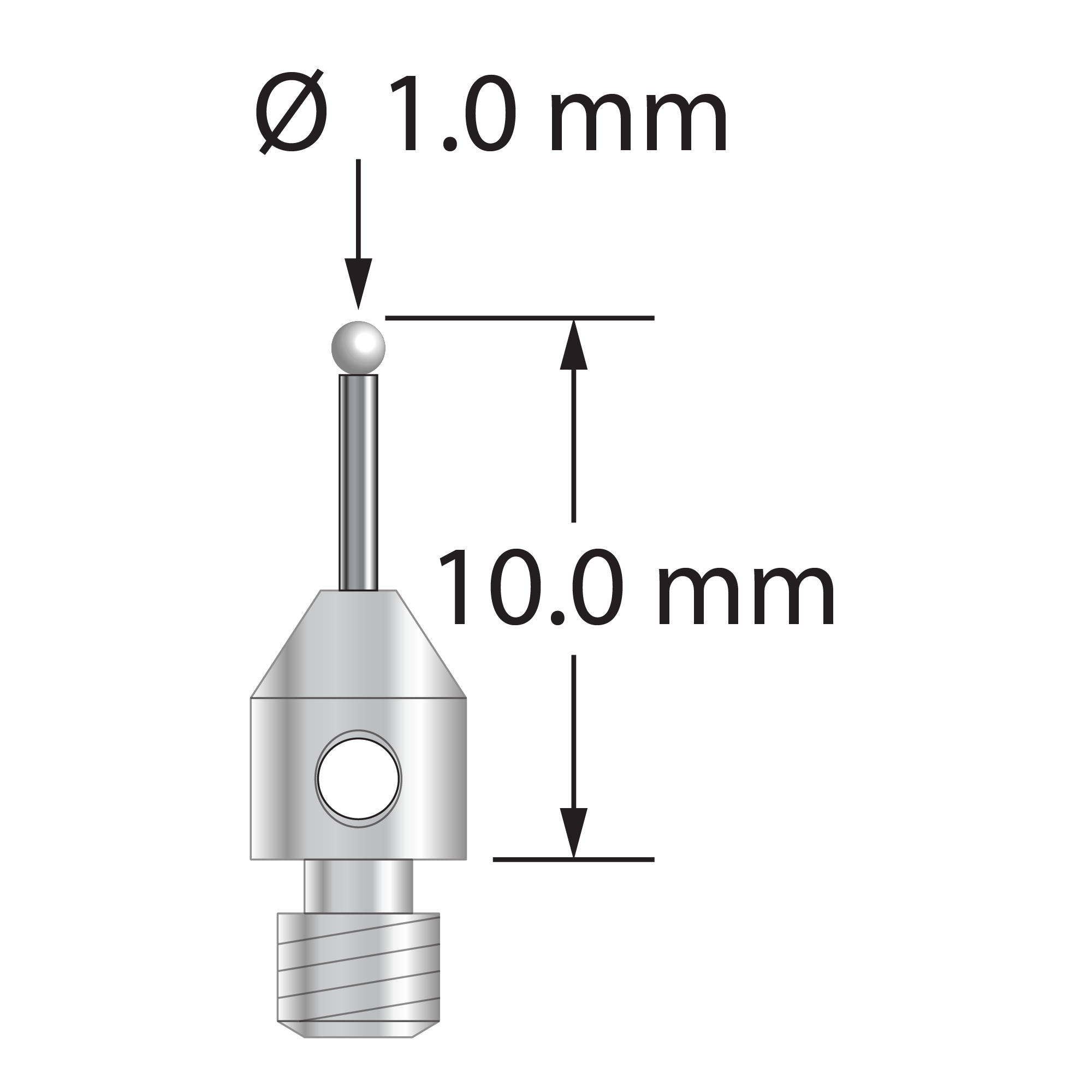 M3 stylus with 1.0 mm diameter zirconia ball, 0.7 mm diameter carbide stem, and 4.0 mm diameter x 5.0 mm long stainless steel base. Overall length is 10.0 mm. Stylus weight is 0.46 gram.
