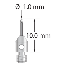 M3 stylus with 1.0 mm diameter zirconia ball, 0.7 mm diameter carbide stem, and 4.0 mm diameter x 5.0 mm long stainless steel base. Overall length is 10.0 mm. Stylus weight is 0.46 gram.