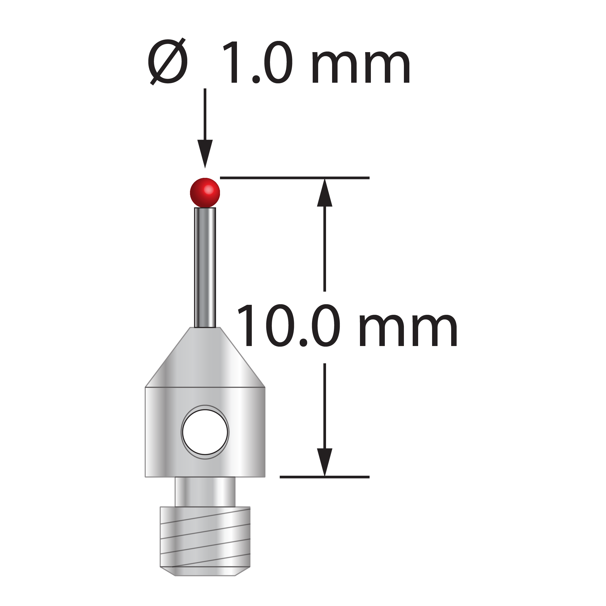 M3 stylus with 1.0 mm diameter ruby ball, 0.7 mm diameter carbide stem, and 4.0 mm diameter x 5.0 mm long stainless steel base. Overall length is 10.0 mm. Stylus weight is 0.46 gram.