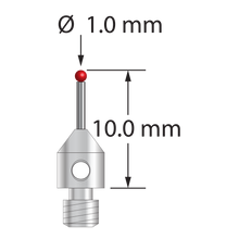 M3 stylus with 1.0 mm diameter ruby ball, 0.7 mm diameter carbide stem, and 4.0 mm diameter x 5.0 mm long stainless steel base. Overall length is 10.0 mm. Stylus weight is 0.46 gram.