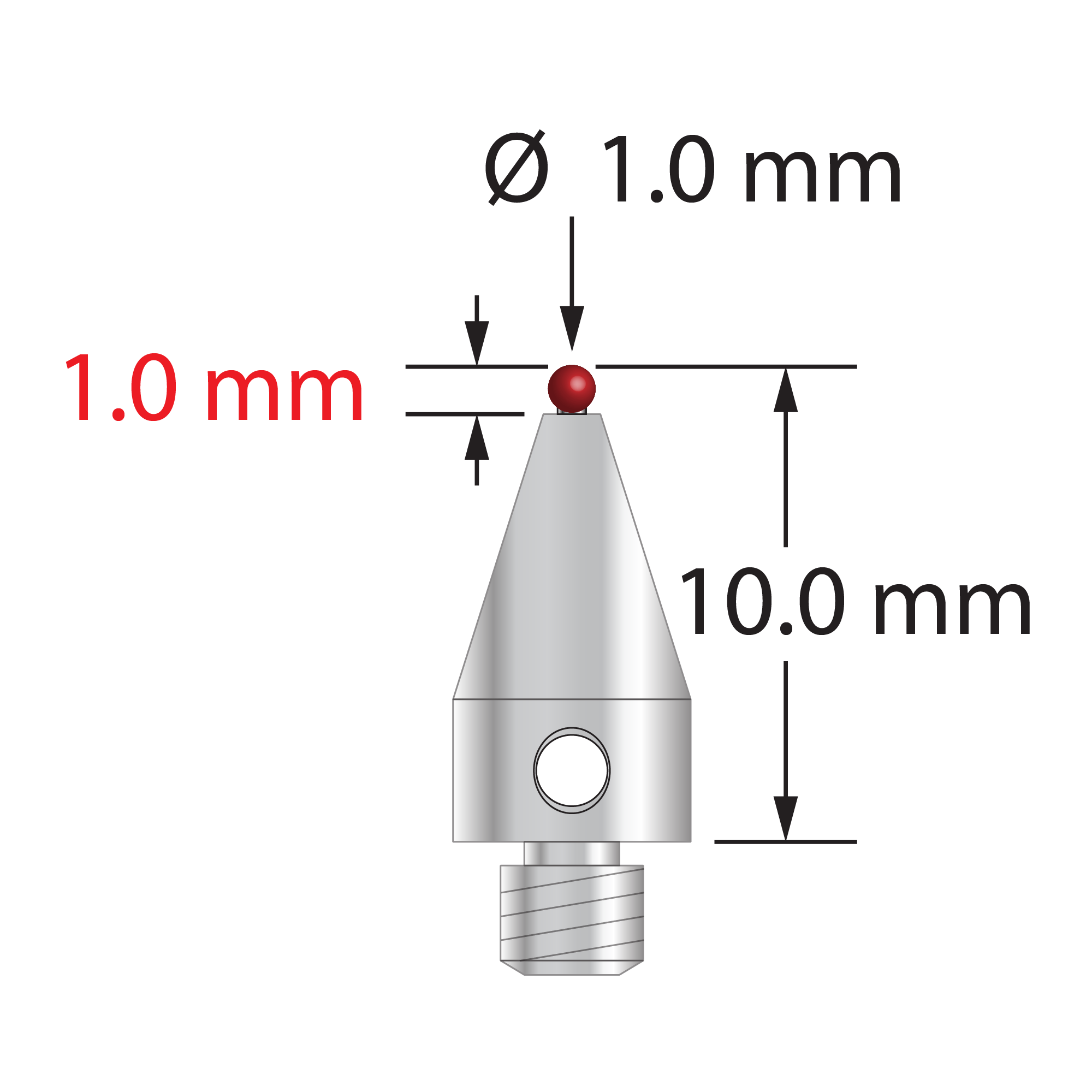 M3 XXT stylus with 1.0 mm diameter ruby ball, 0.6 mm diameter carbide stem, and 5.0 mm diameter x 9.0 mm long titanium base. Overall stylus length is 10.0 mm. Stylus weight is 0.50 gram. Compare to Zeiss 626113-0100-010.