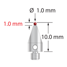 M3 XXT stylus with 1.0 mm diameter ruby ball, 0.6 mm diameter carbide stem, and 5.0 mm diameter x 9.0 mm long titanium base. Overall stylus length is 10.0 mm. Stylus weight is 0.50 gram. Compare to Zeiss 626113-0100-010.